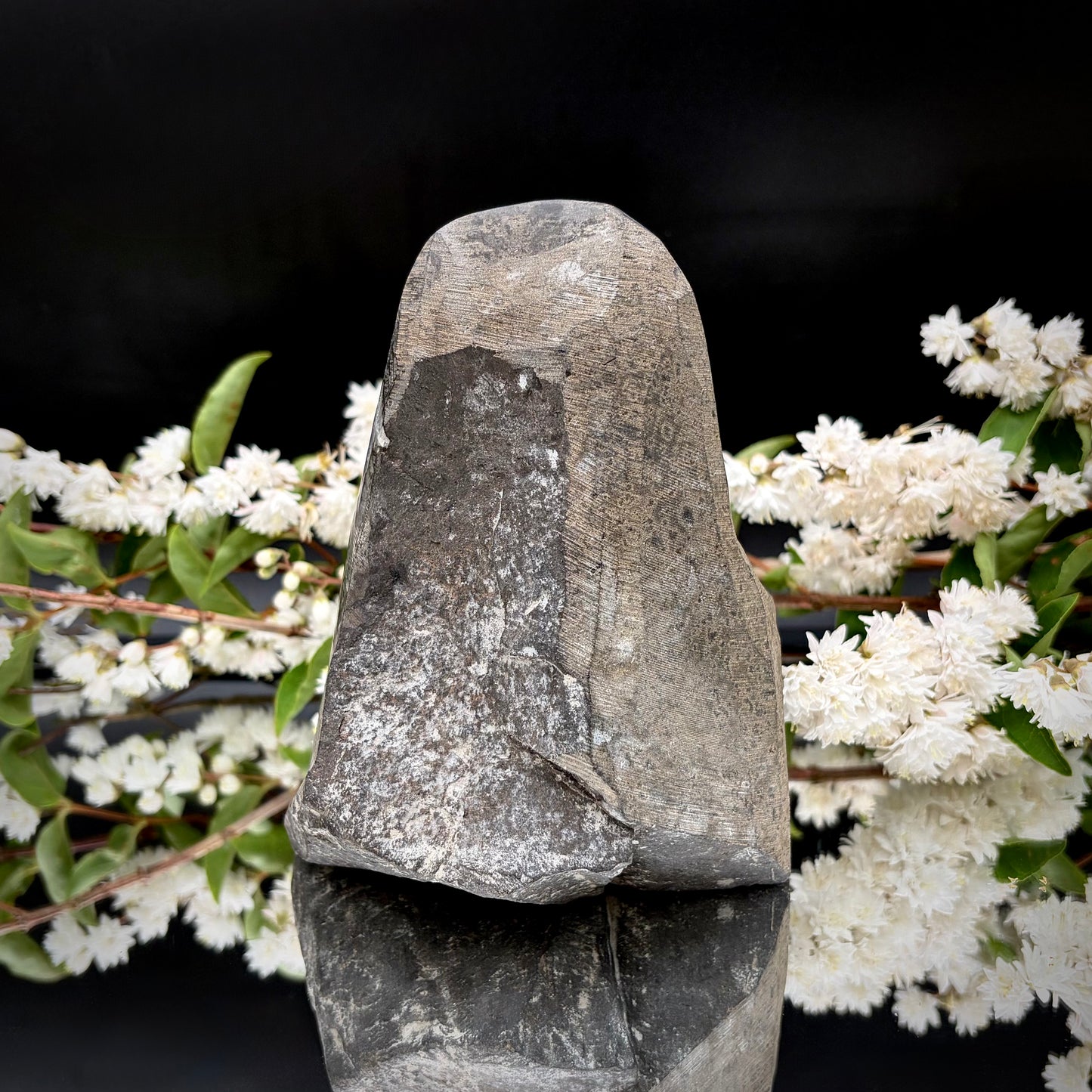 Natural grey basalt backing of the self-standing amethyst crystal geode.