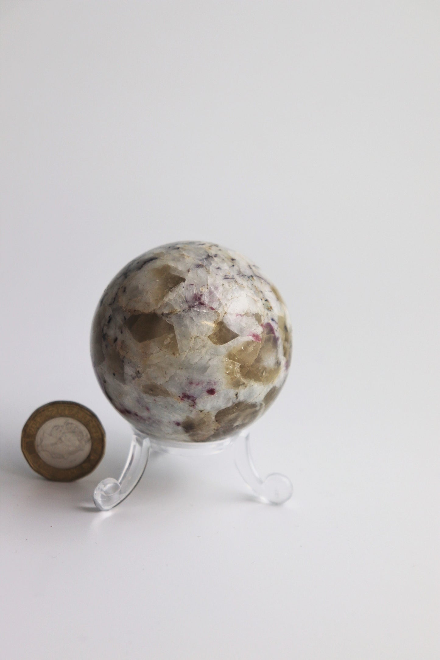 45) Rubellite Crystal Sphere Ball Polished Tourmaline Mineral In Quartz