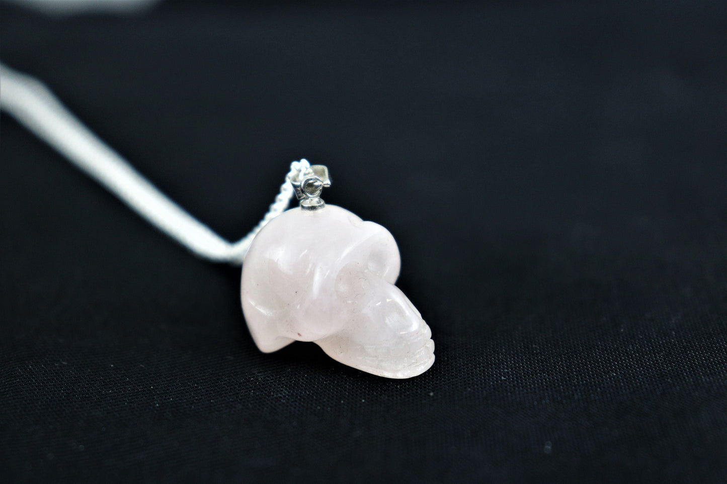 105e) Rose Quartz Skull Crystal Necklace Pendant + Silver Chain