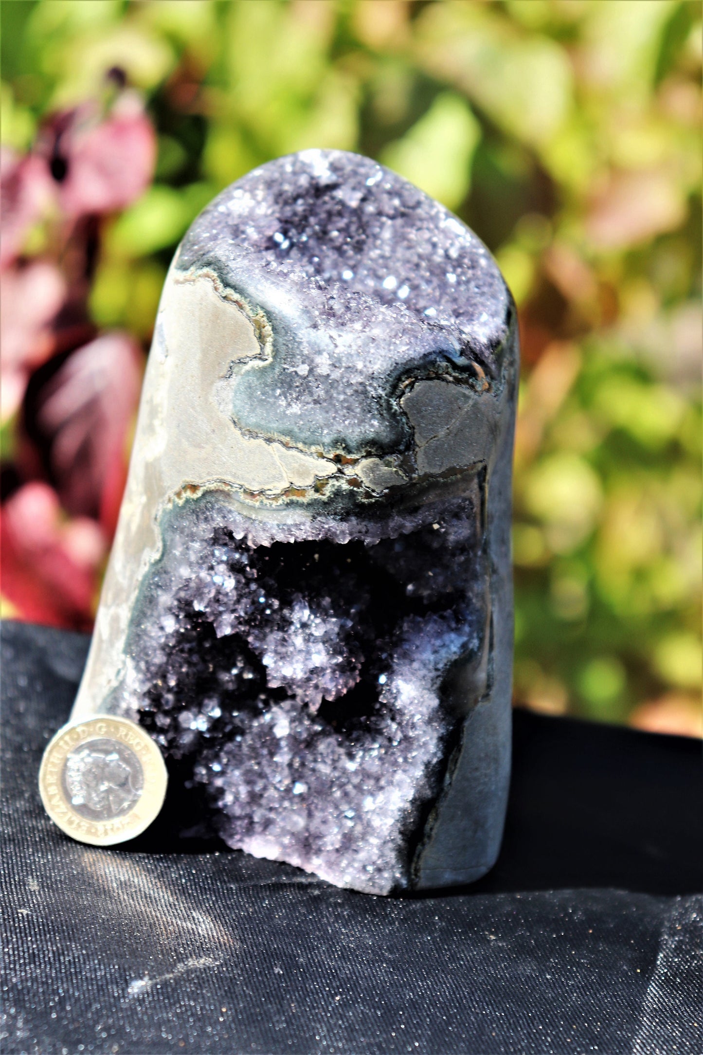 AMu78) Black Amethyst Crystal Geode Purple Free Standing Quartz Great Gift