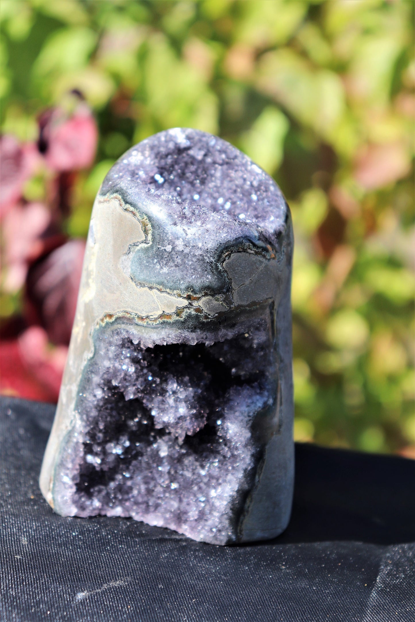 AMu78) Black Amethyst Crystal Geode Purple Free Standing Quartz Great Gift