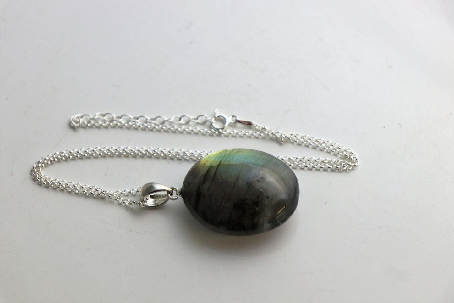 169) Labradorite Crystal Necklace Pendant + Silver Chain