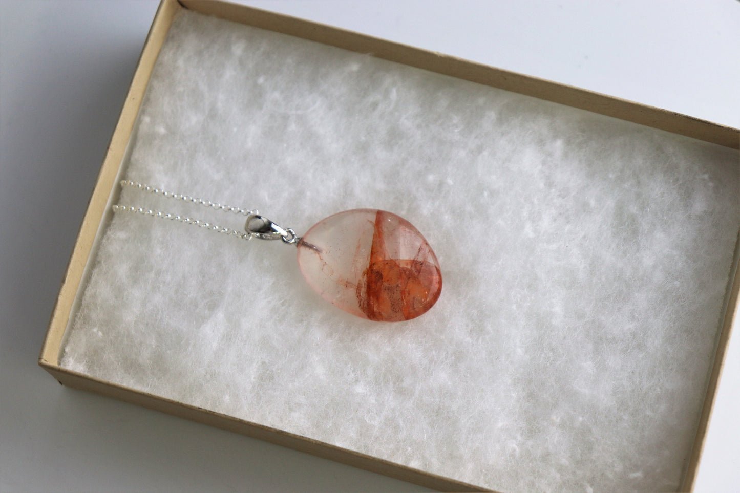 247) Hematoid Red Fire Quartz Crystal Necklace Pendant + Silver Chain