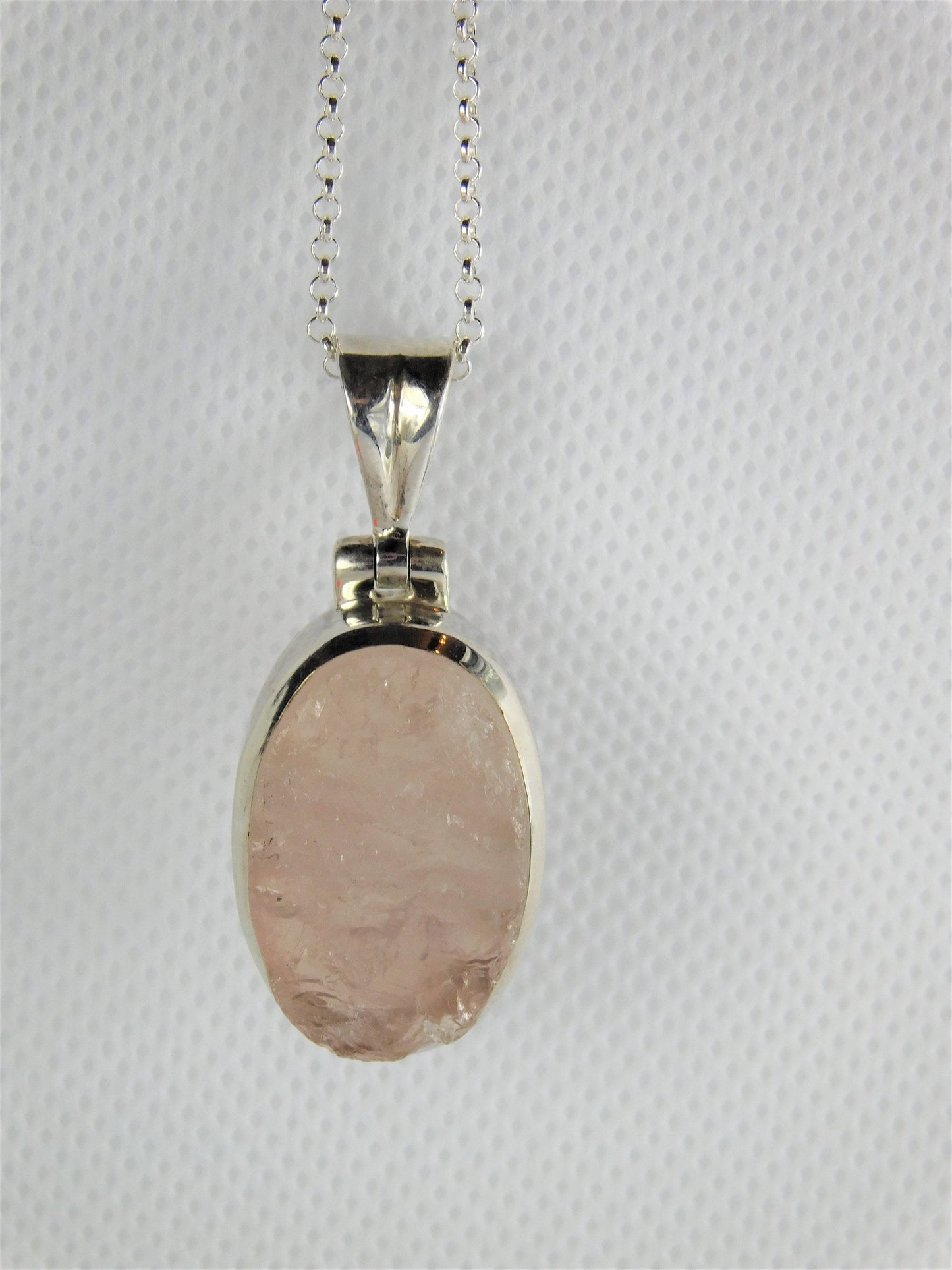 79e) 925 Silver Set Raw Rose Quartz Crystal Pendant + Silver Chain / Necklace