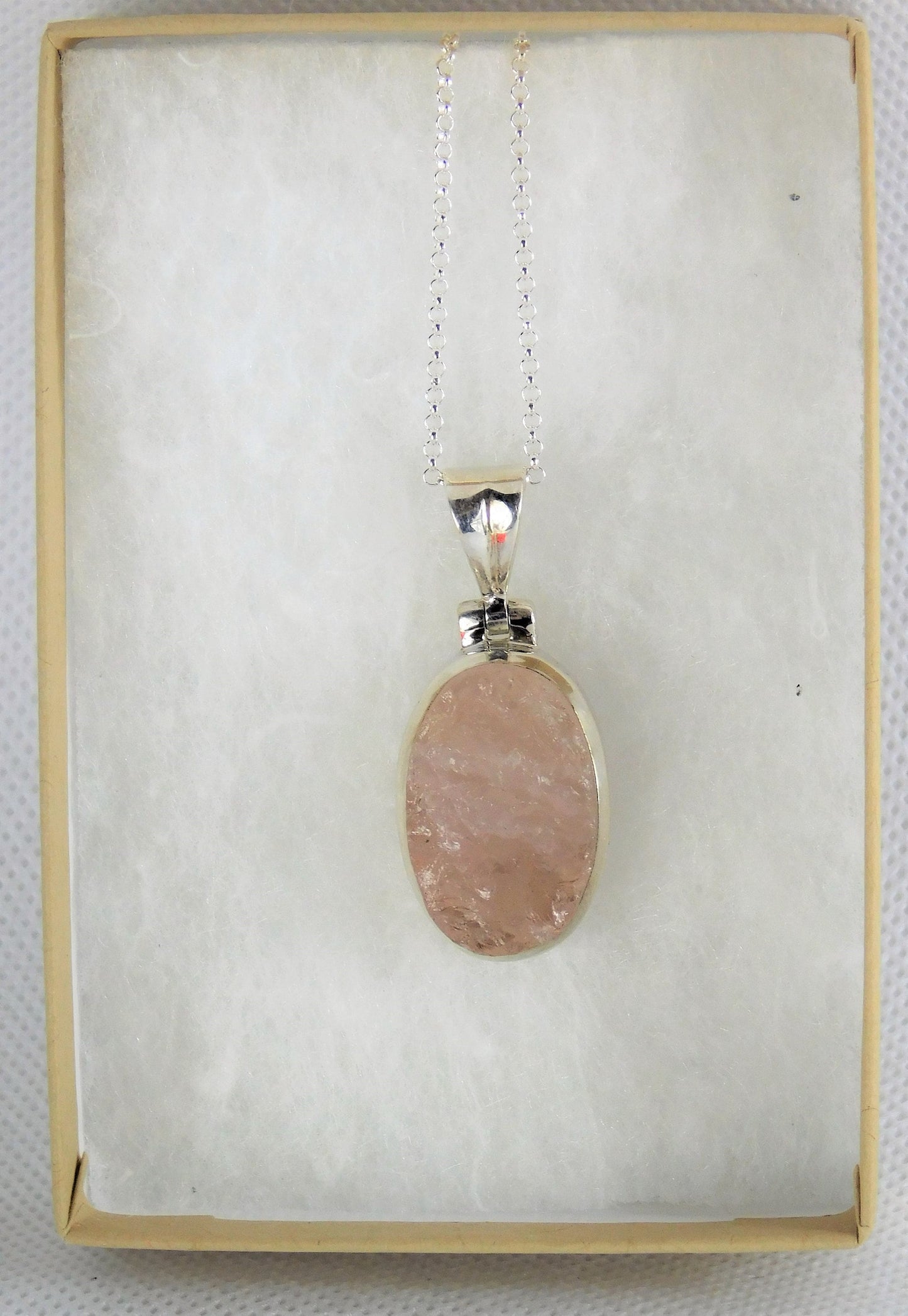 79e) 925 Silver Set Raw Rose Quartz Crystal Pendant + Silver Chain / Necklace