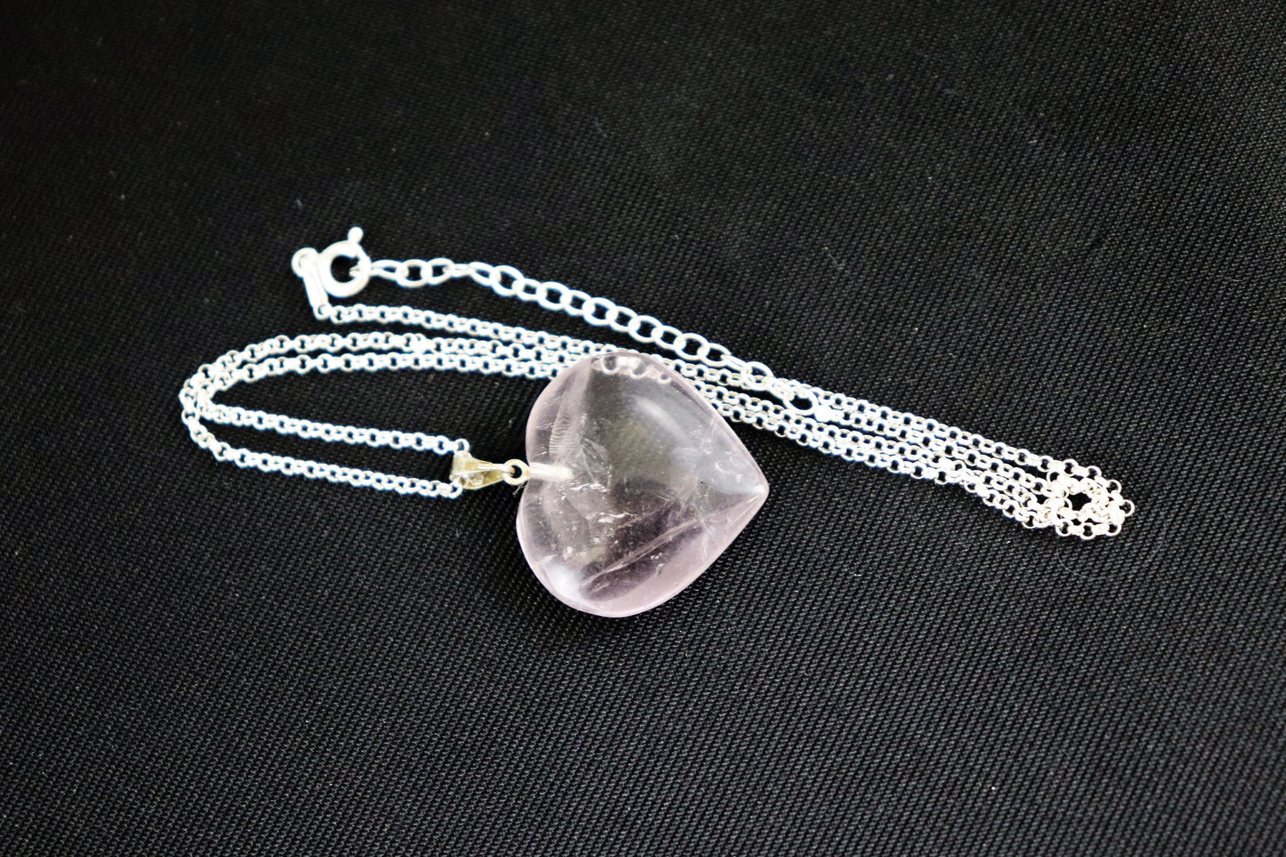 99e) Amethyst Heart Crystal Necklace Pendant + Silver Chain