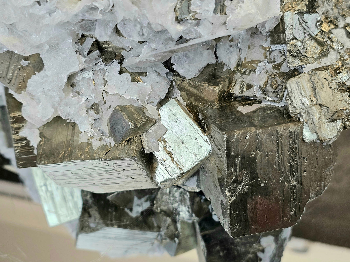 Very Large Pyrite Crystal Cubic Cluster With Mangano Calcite