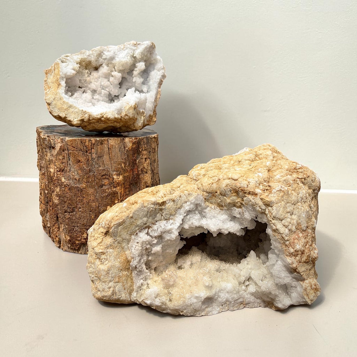 Front view of an XL natural quartz crystal geode pair from Morocco.