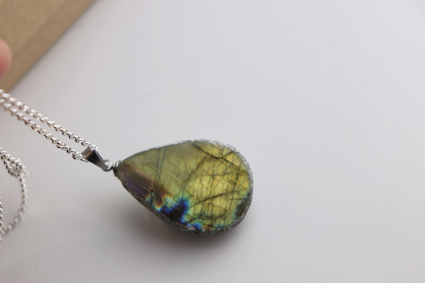 211) Labradorite Crystal Necklace Pendant + Silver Chain