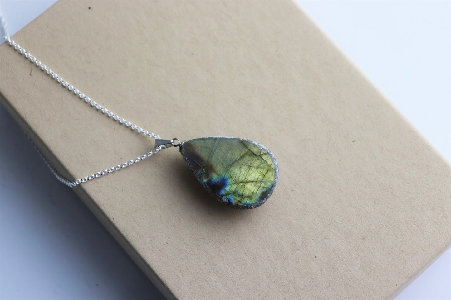 211) Labradorite Crystal Necklace Pendant + Silver Chain