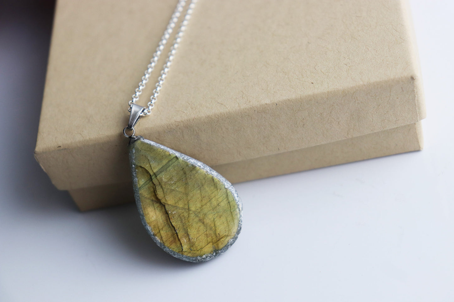 209) Labradorite Crystal Necklace Pendant + Silver Chain