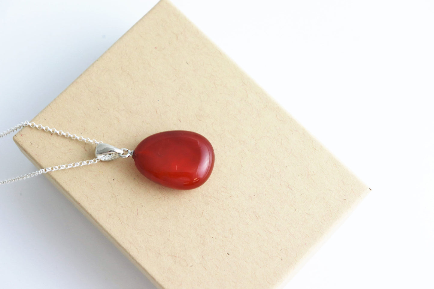 126e) Carnelian Crystal Necklace Pendant + Silver Chain