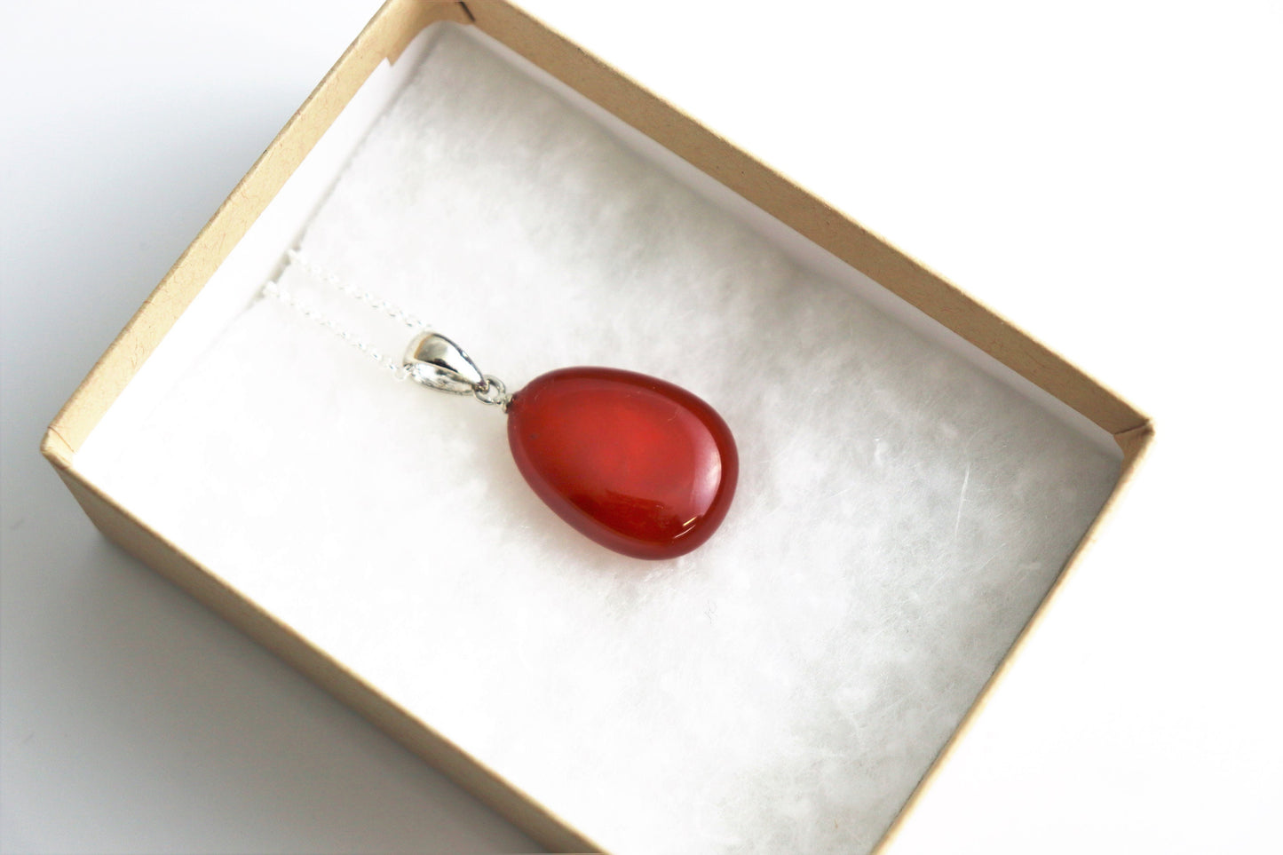 126e) Carnelian Crystal Necklace Pendant + Silver Chain
