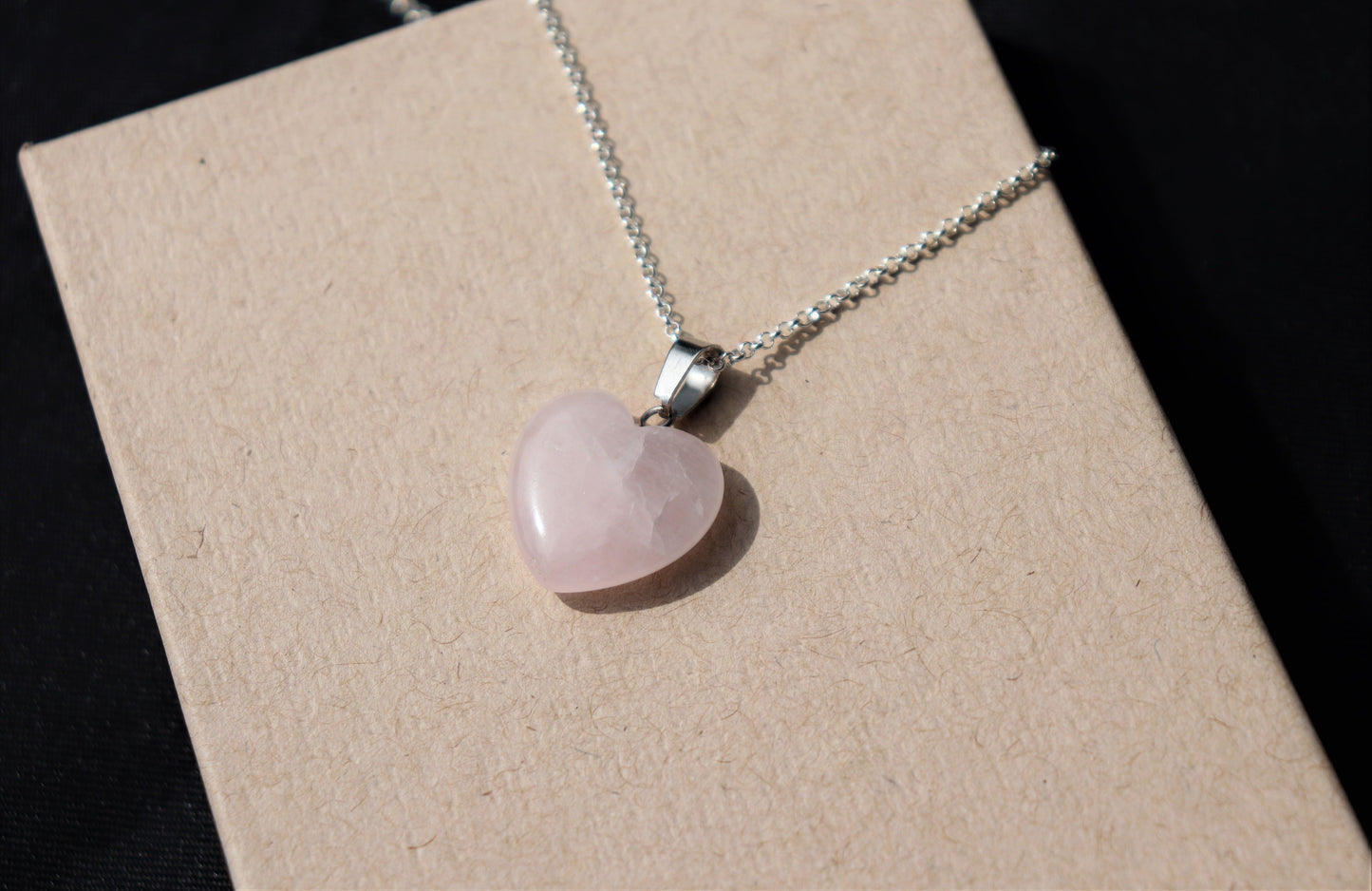 283) Rose Quartz Heart Crystal Necklace Pendant + Silver Chain