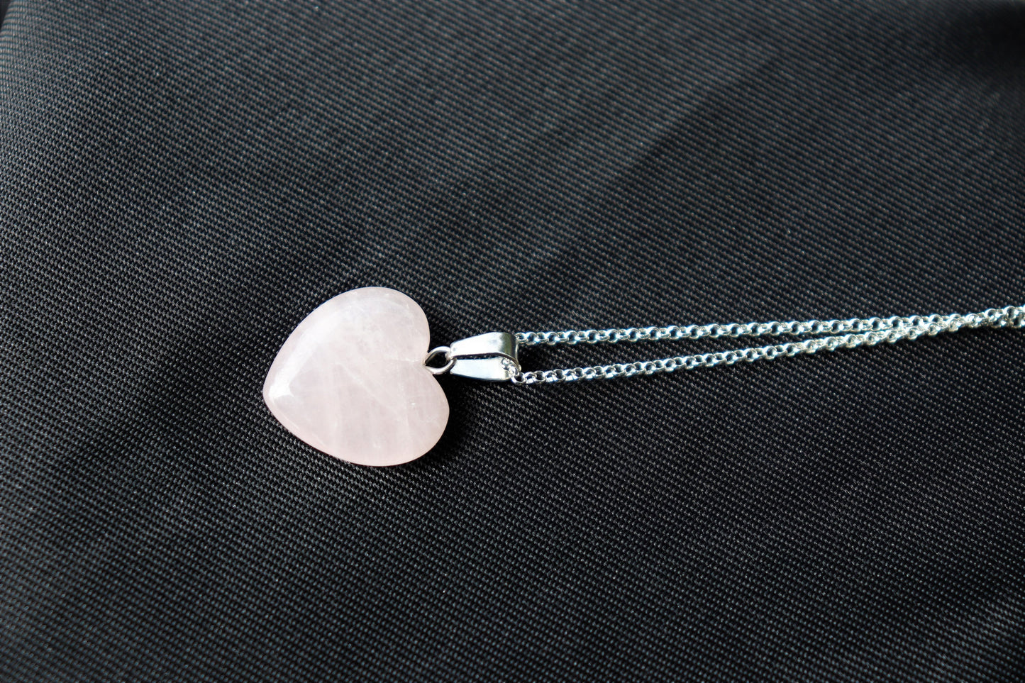 283) Rose Quartz Heart Crystal Necklace Pendant + Silver Chain