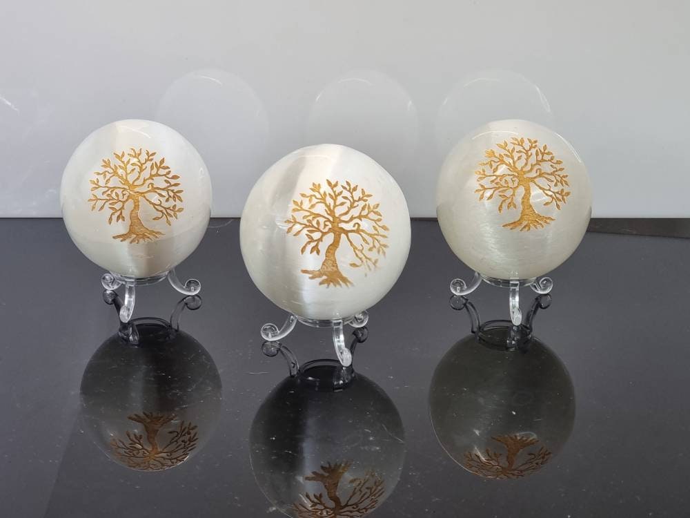 Selenite Crystal Sphere Gold Tree Of Life with Crystal Sphere Stand
