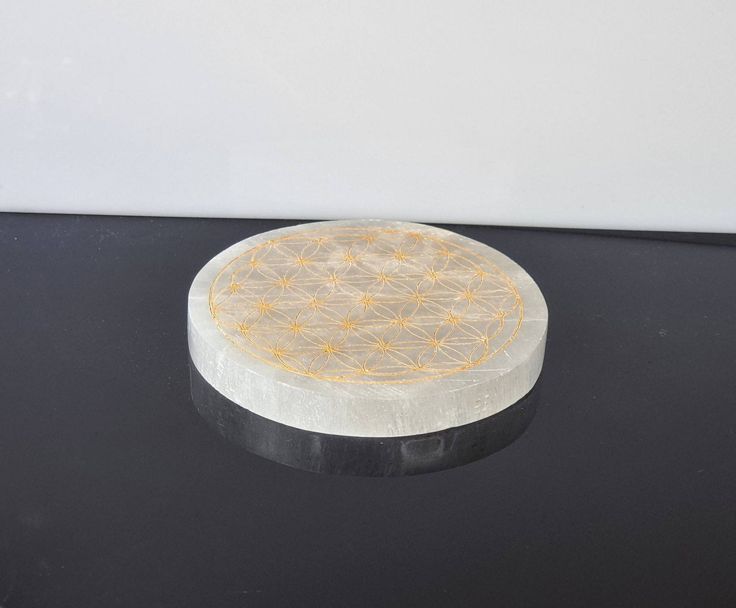 Gold Flower of Life Selenite Crystal Grid Charging Plate Disc Circle 10.5 cm
