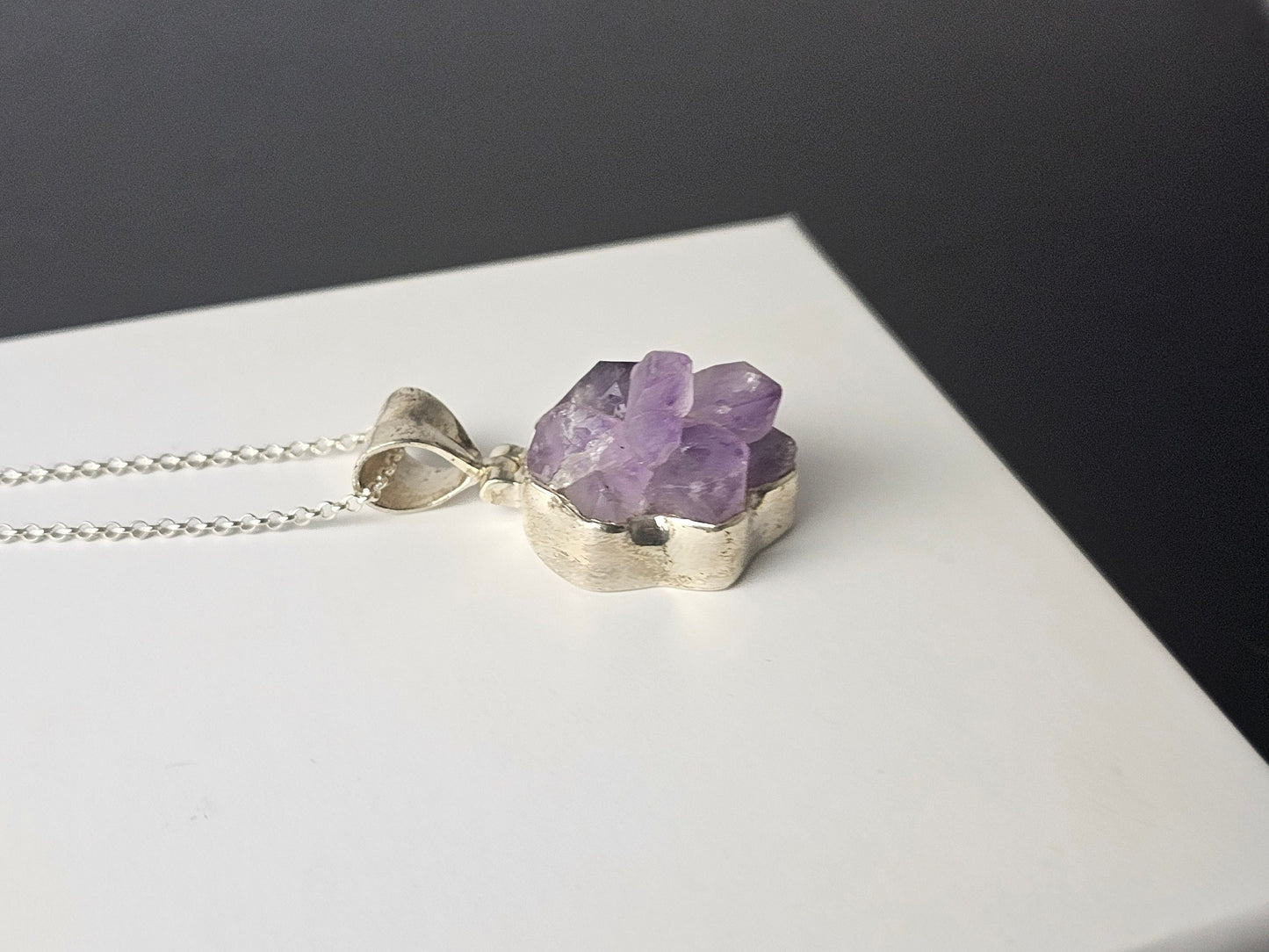 328) Amethyst Crystal Cluster Necklace 925 Silver