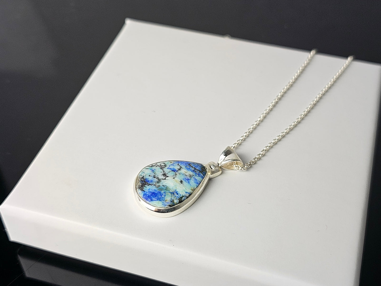 351) Azurite Turquoise Crystal  Necklace 925 Silver