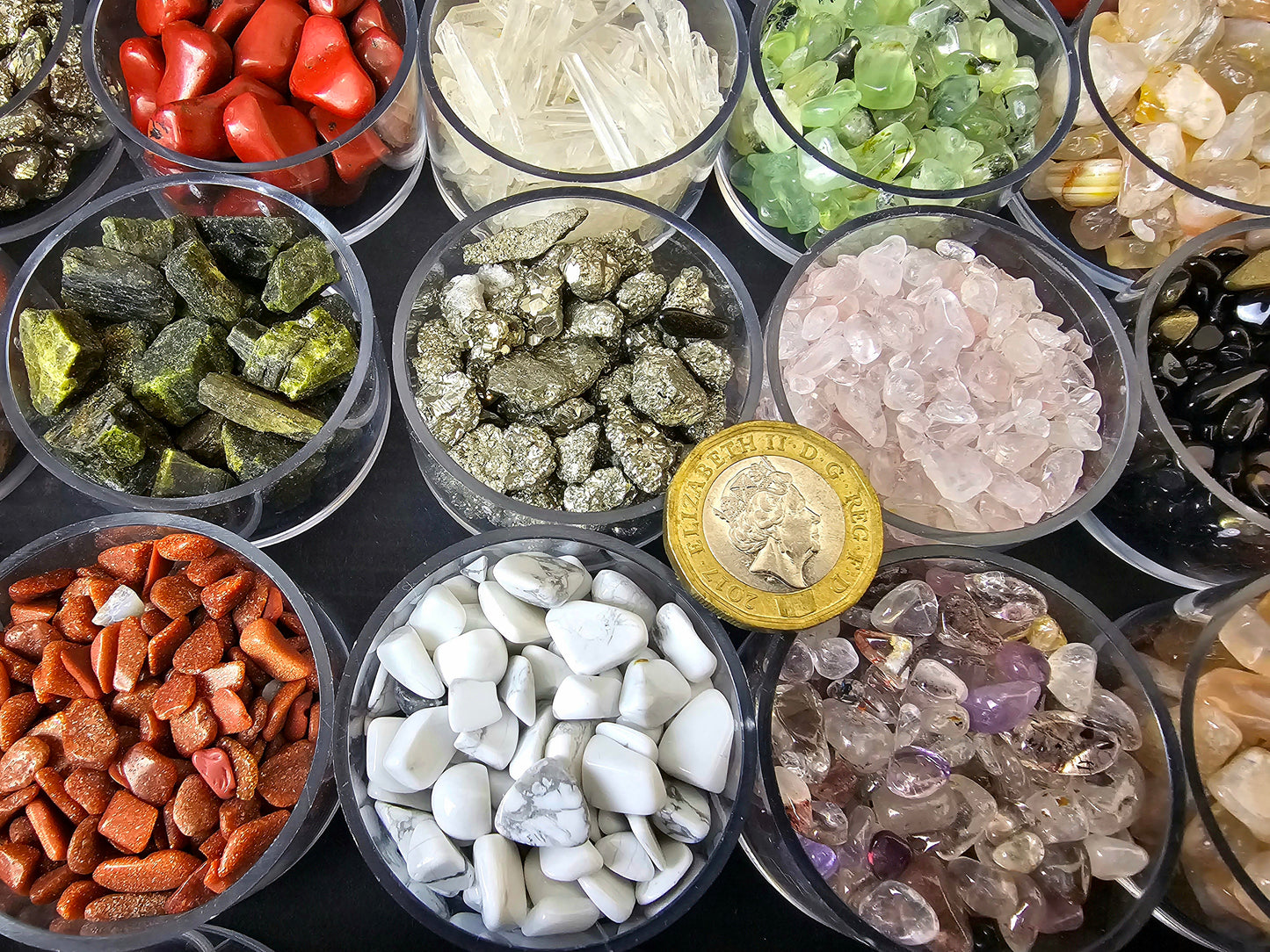 Large Crystal Chip Selection Box - 35 individual pots of Crystal Chips / Crystal Points / Rough Crystals