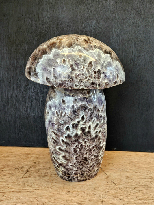 XL Amethyst &amp; Smoky Quartz Crystal Mushroom / Toad Stool carving.