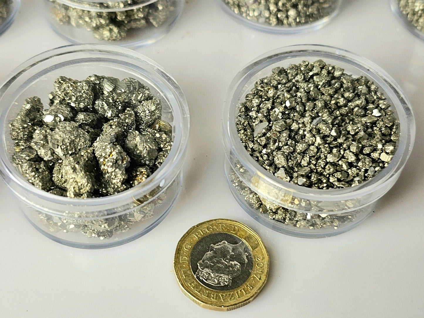 Pyrite crystals in display case
