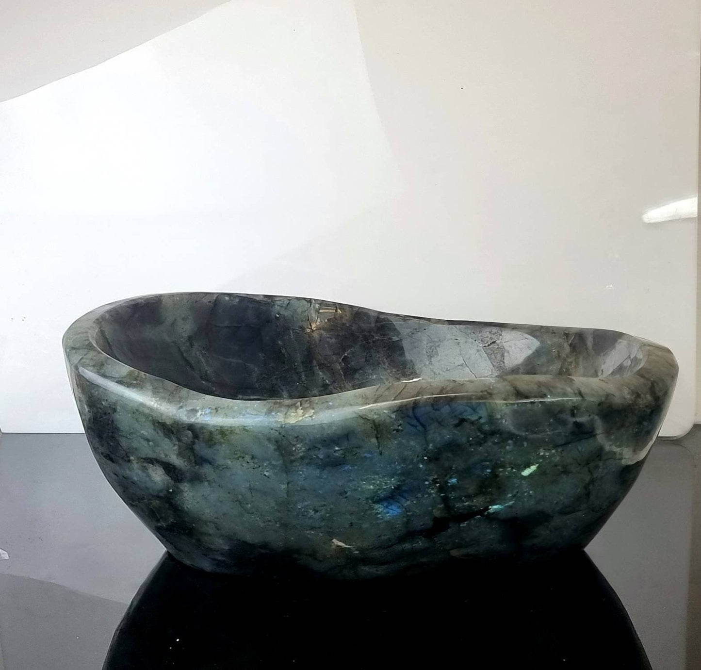green iridescent crystal bowl