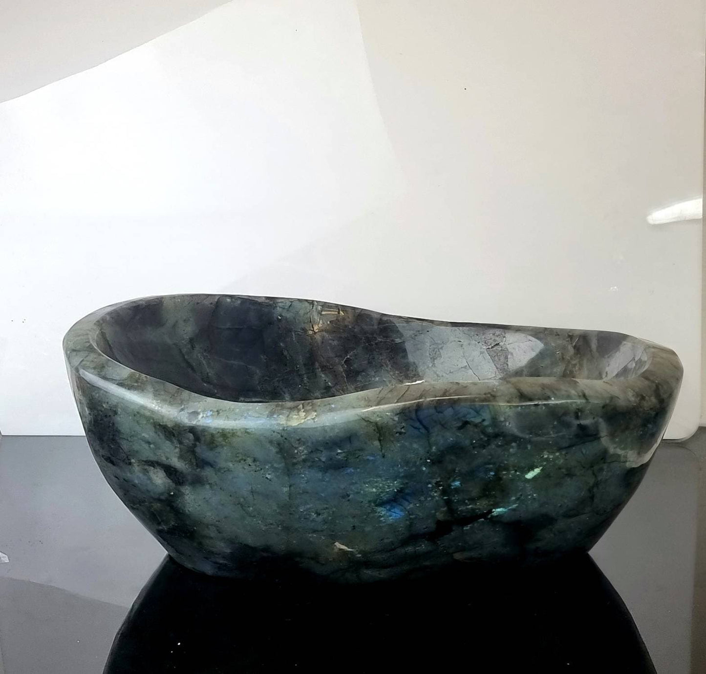 green iridescent crystal bowl
