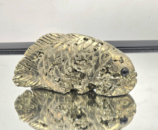 Pyrite Fish Sculpture #9 – Hand-Carved Crystal Animal | Pyrite Healing Stone | Metallic Gold Pyrite Fish Figurine