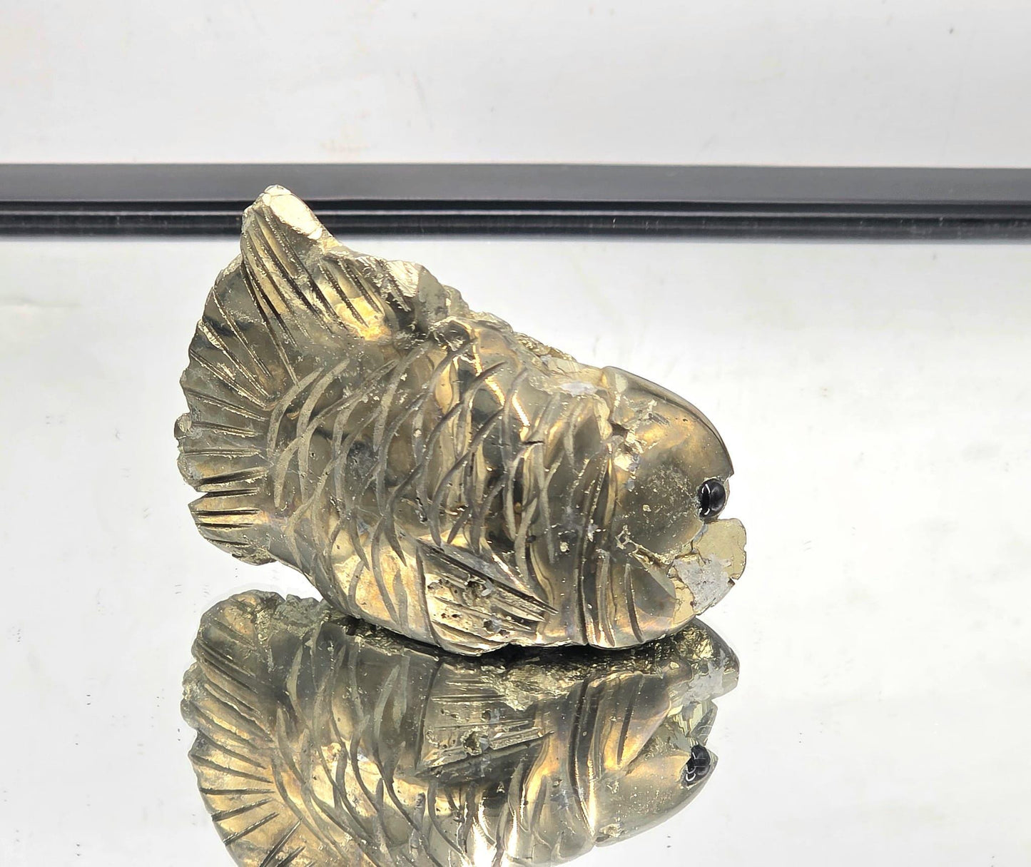 Pyrite Fish Sculpture #12 – Hand-Carved Crystal Animal | Pyrite Healing Stone | Metallic Gold Pyrite Fish Figurine