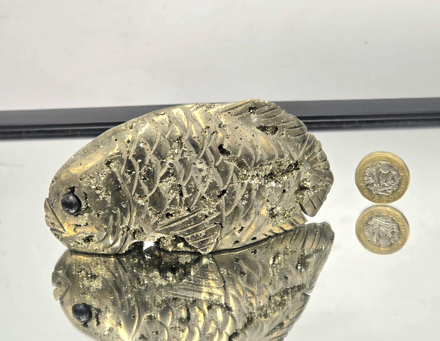 Pyrite Fish Sculpture #9 – Hand-Carved Crystal Animal | Pyrite Healing Stone | Metallic Gold Pyrite Fish Figurine