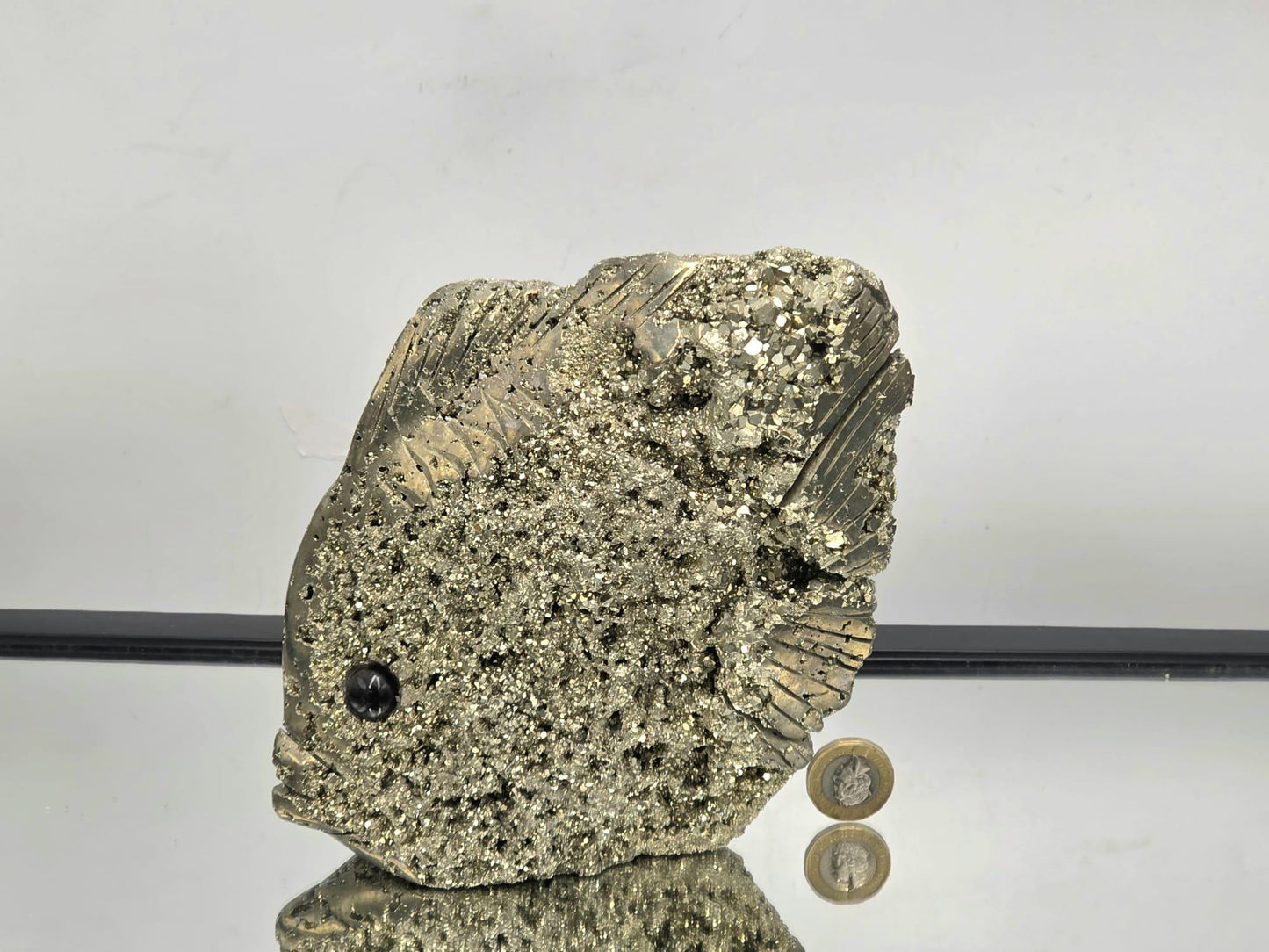 Pyrite Fish Sculpture #5 – Hand-Carved Crystal Animal | Pyrite Healing Stone | Metallic Gold Pyrite Fish Figurine