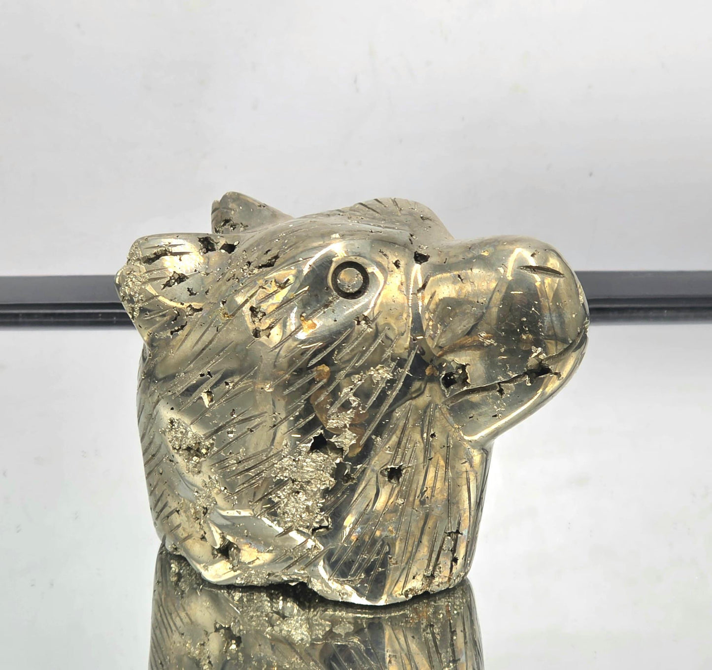 Pyrite Bear Carving #8 – Handcrafted Crystal Animal | Pyrite Healing Stone Sculpture | Metallic Pyrite Bear Decor Gift