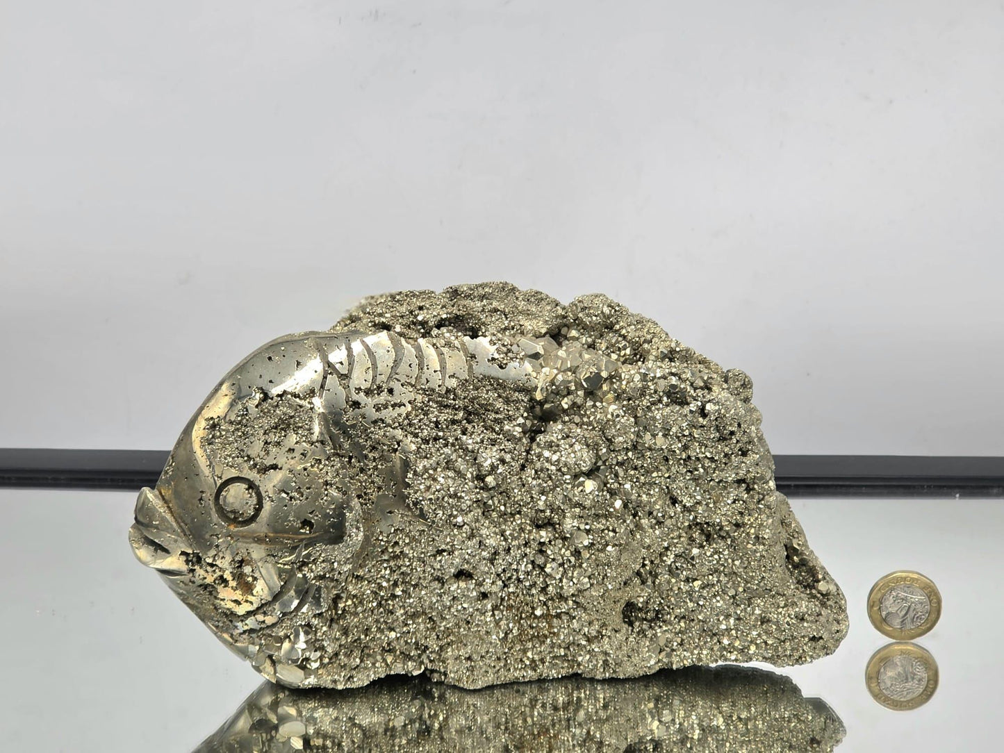 Pyrite Fish Sculpture #6 – Hand-Carved Crystal Animal | Pyrite Healing Stone | Metallic Gold Pyrite Fish Figurine