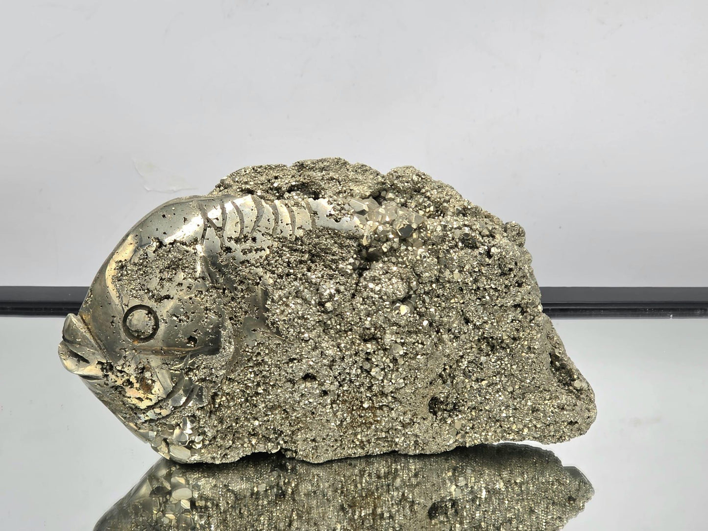 Pyrite Fish Sculpture #6 – Hand-Carved Crystal Animal | Pyrite Healing Stone | Metallic Gold Pyrite Fish Figurine