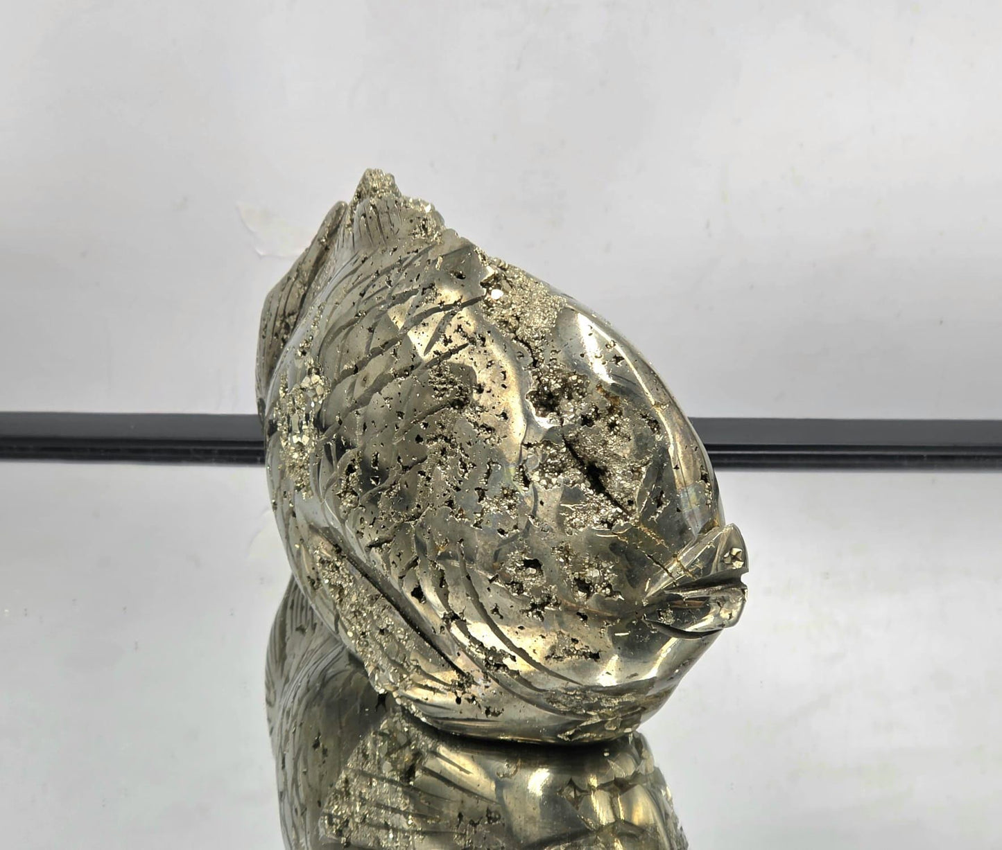 Pyrite Fish Sculpture #6 – Hand-Carved Crystal Animal | Pyrite Healing Stone | Metallic Gold Pyrite Fish Figurine