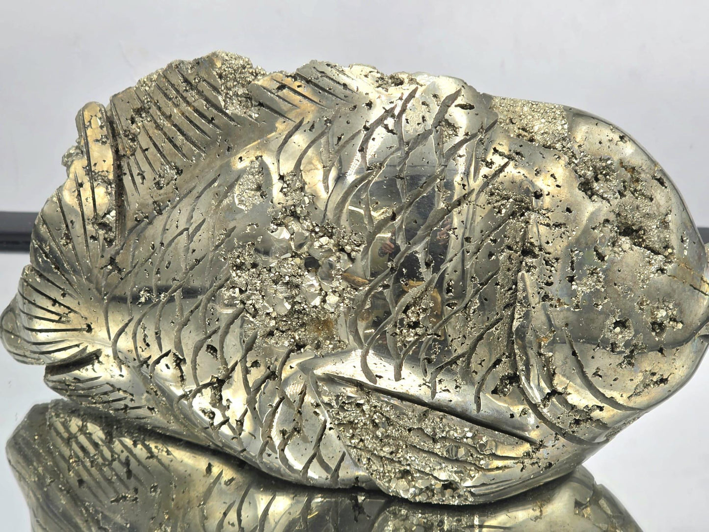 Pyrite Fish Sculpture #6 – Hand-Carved Crystal Animal | Pyrite Healing Stone | Metallic Gold Pyrite Fish Figurine