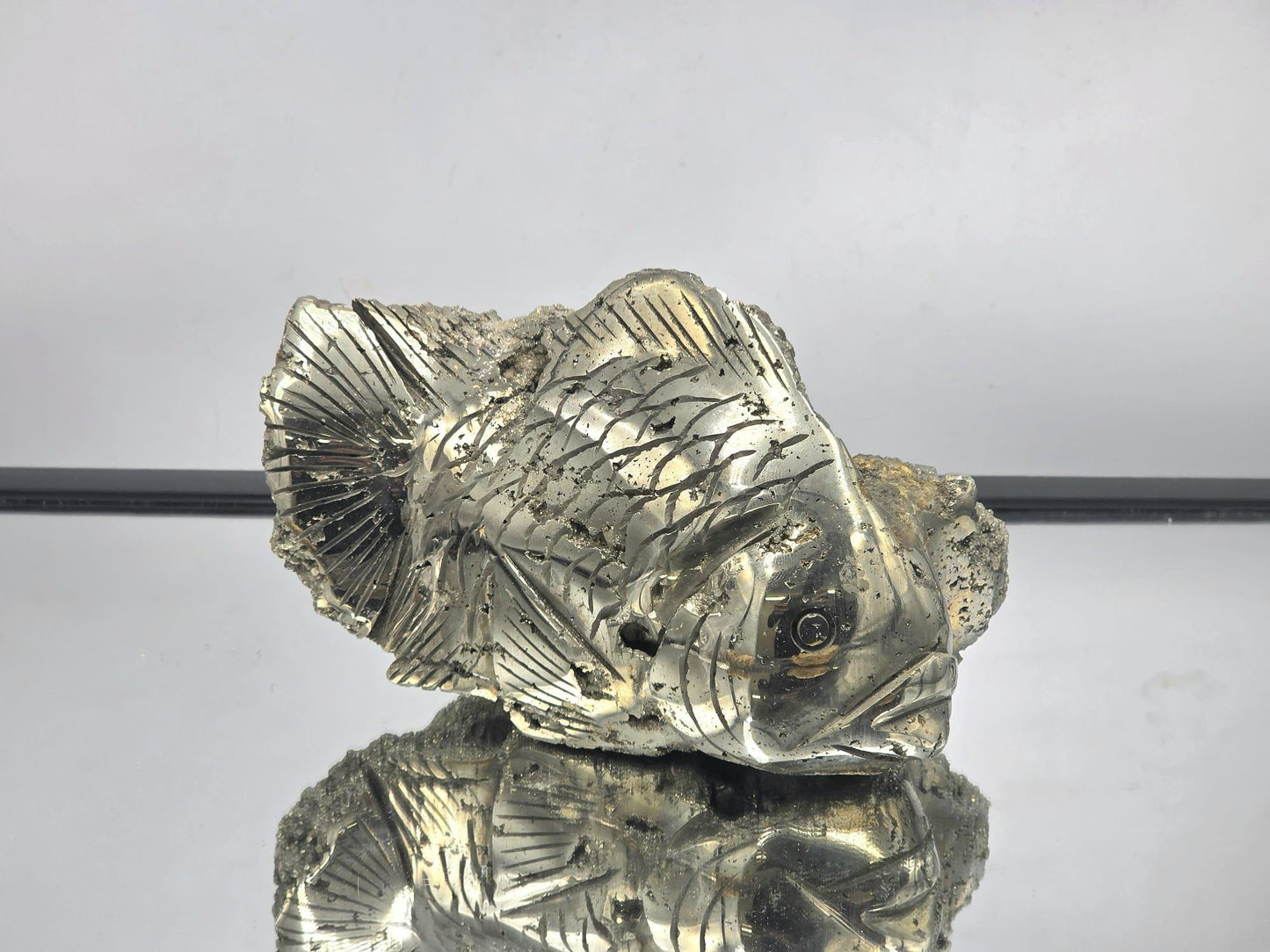 Large Pyrite Fish Sculpture #3 – Hand-Carved Crystal Animal | Pyrite Healing Stone | Metallic Gold Pyrite Fish Figurine