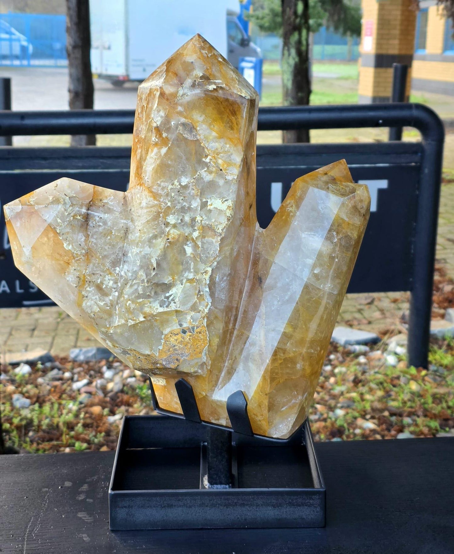 XL Golden Healer Crystal Sculpture - Trilogy Hand Carved Crystal Point on Custom Metal Stand