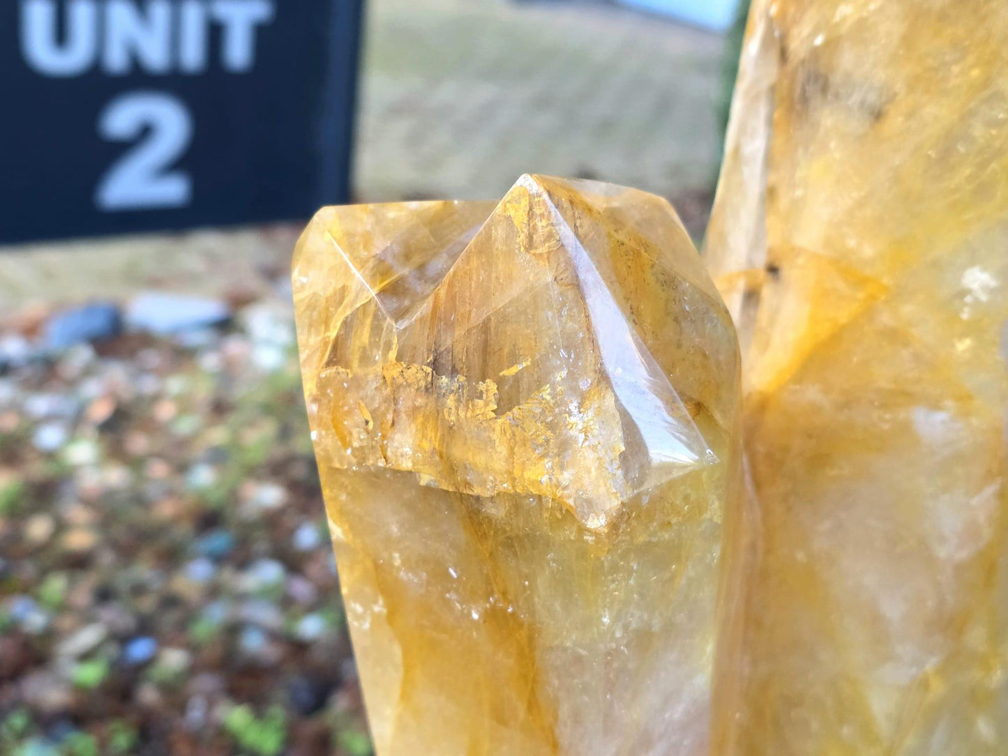 XL Golden Healer Crystal Sculpture - Trilogy Hand Carved Crystal Point on Custom Metal Stand