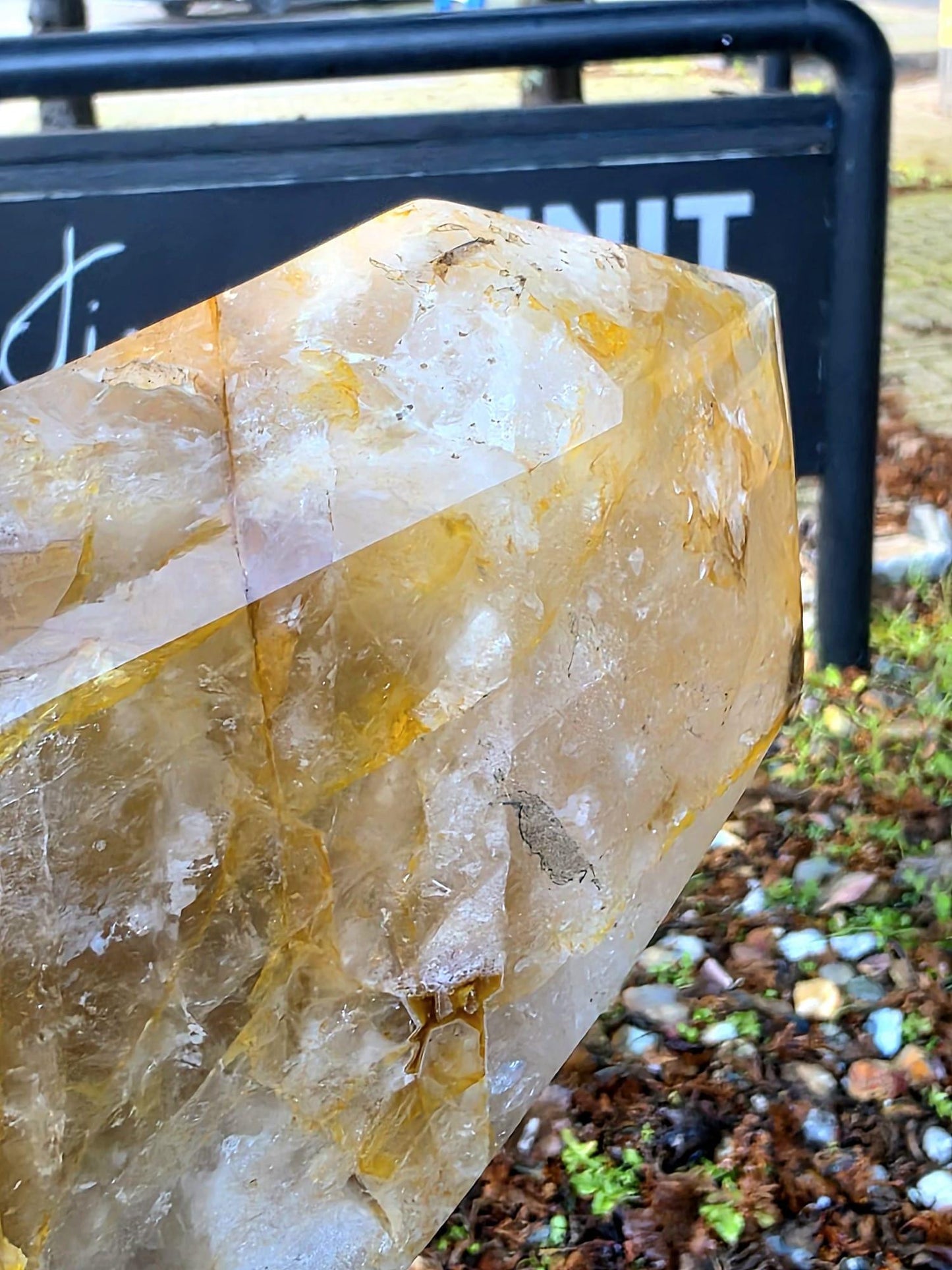 XL Golden Healer Crystal Sculpture - Trilogy Hand Carved Crystal Point on Custom Metal Stand