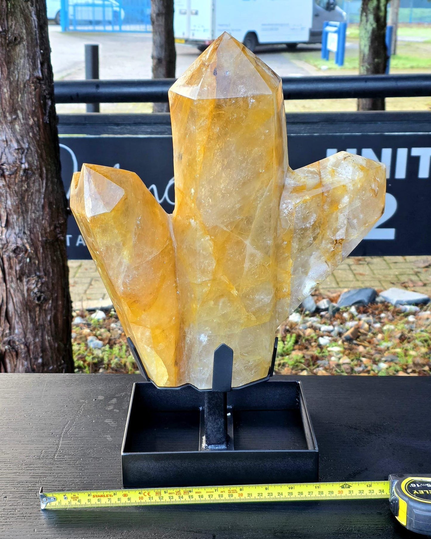 XL Golden Healer Crystal Sculpture - Trilogy Hand Carved Crystal Point on Custom Metal Stand