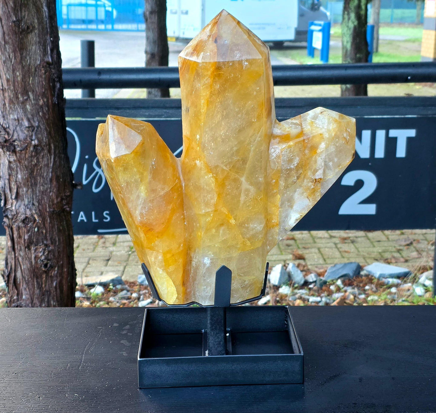 XL Golden Healer Crystal Sculpture - Trilogy Hand Carved Crystal Point on Custom Metal Stand