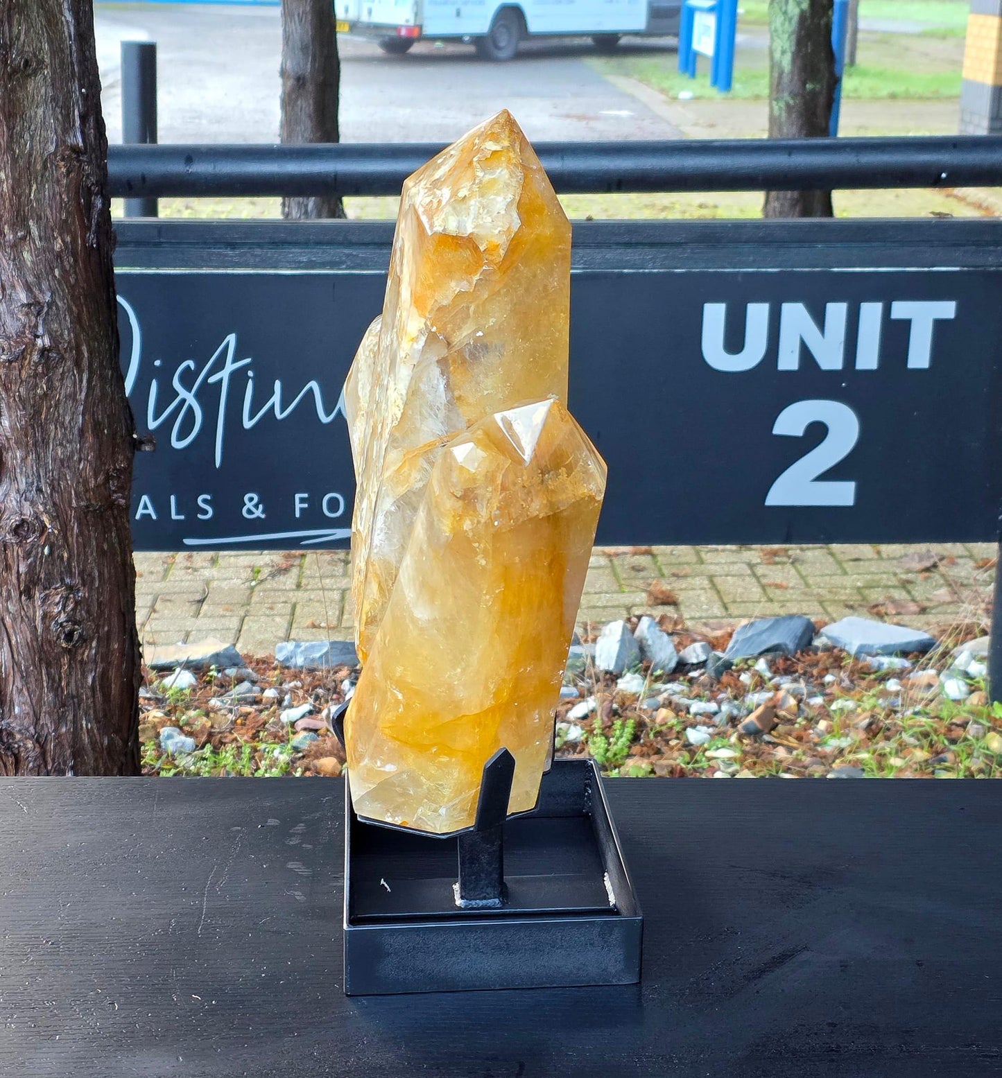 XL Golden Healer Crystal Sculpture - Trilogy Hand Carved Crystal Point on Custom Metal Stand