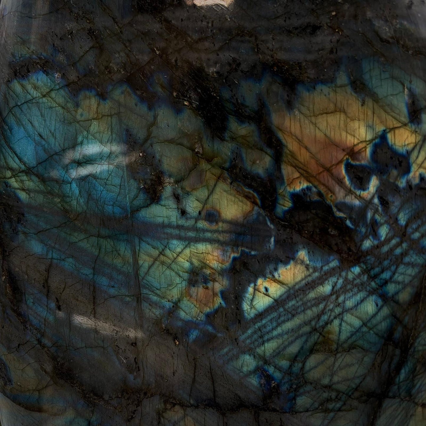 Large Madagascan labradorite crystal for statement home decor, shelves and interior styling.