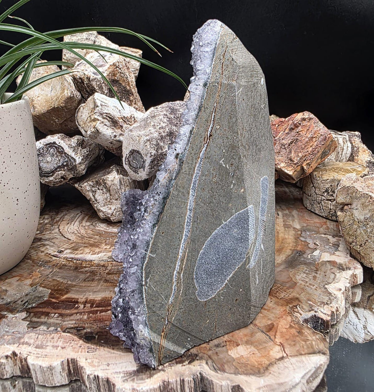 Large Black Amethyst Crystal Geode Cutbase | Freestanding Crystal Display | ACB3