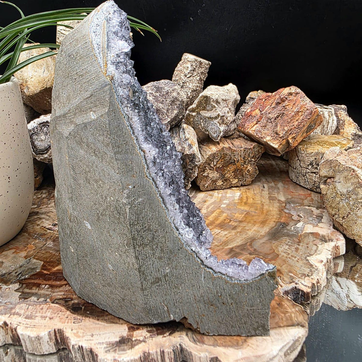 Large Black Amethyst Crystal Geode Cutbase | Freestanding Crystal Display | ACB3