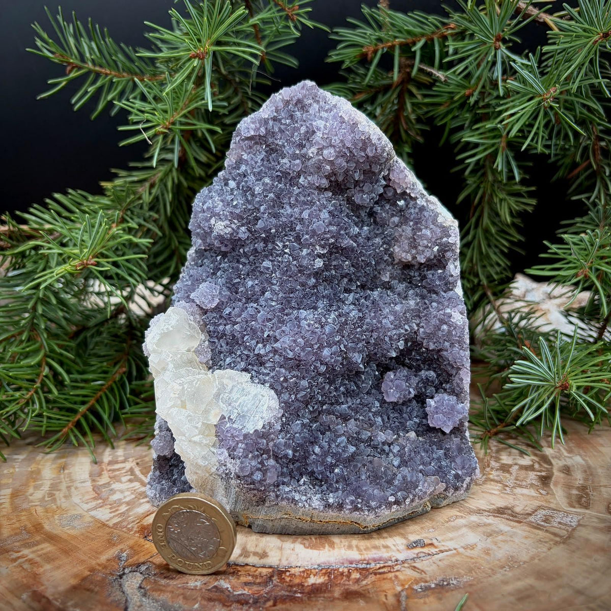 Amethyst Crystal Geode Cutbase with Calcite | Freestanding Crystal Display | ACB12