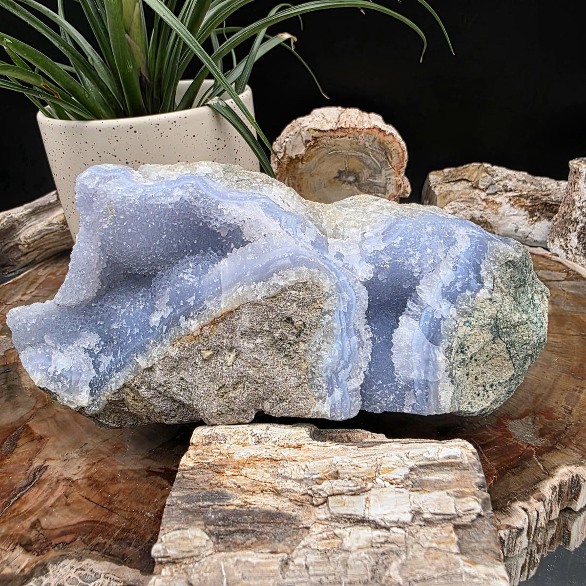 Large blue lace agate geode with druzy crystal hollow | raw natural crystal #15