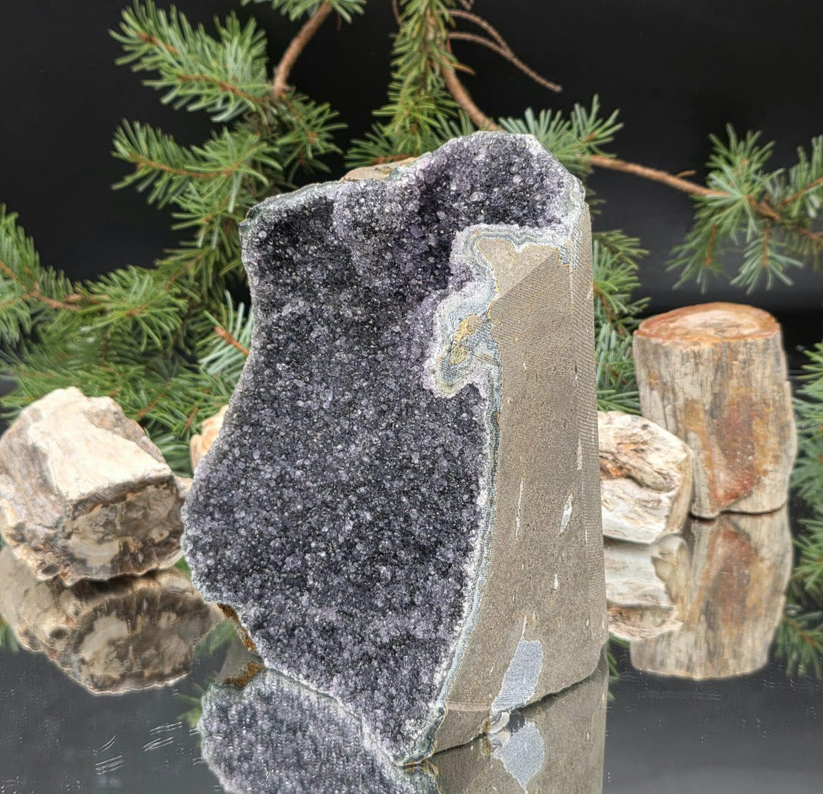 Black Amethyst Crystal Geode Cutbase | Large Freestanding Crystal Display | ACB28